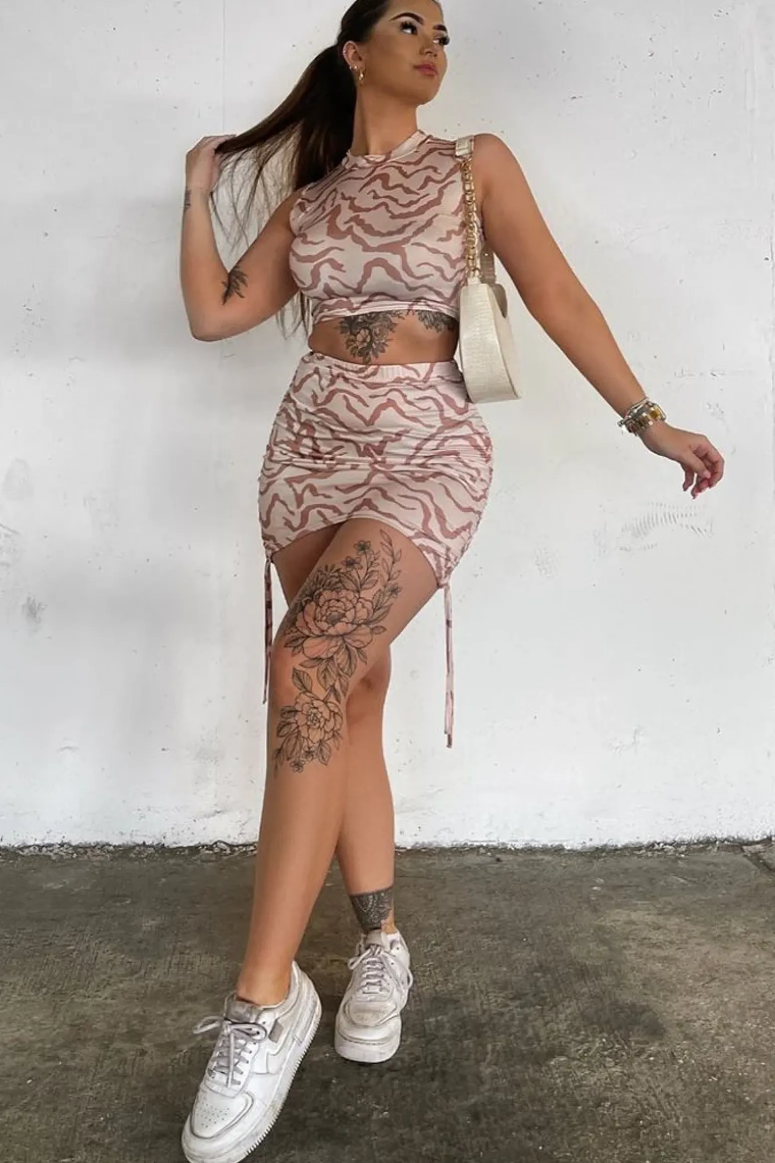 Rebellious Fashion Beige Zebra Print Crop Top & Side Ruched Skirt Set - Luna
