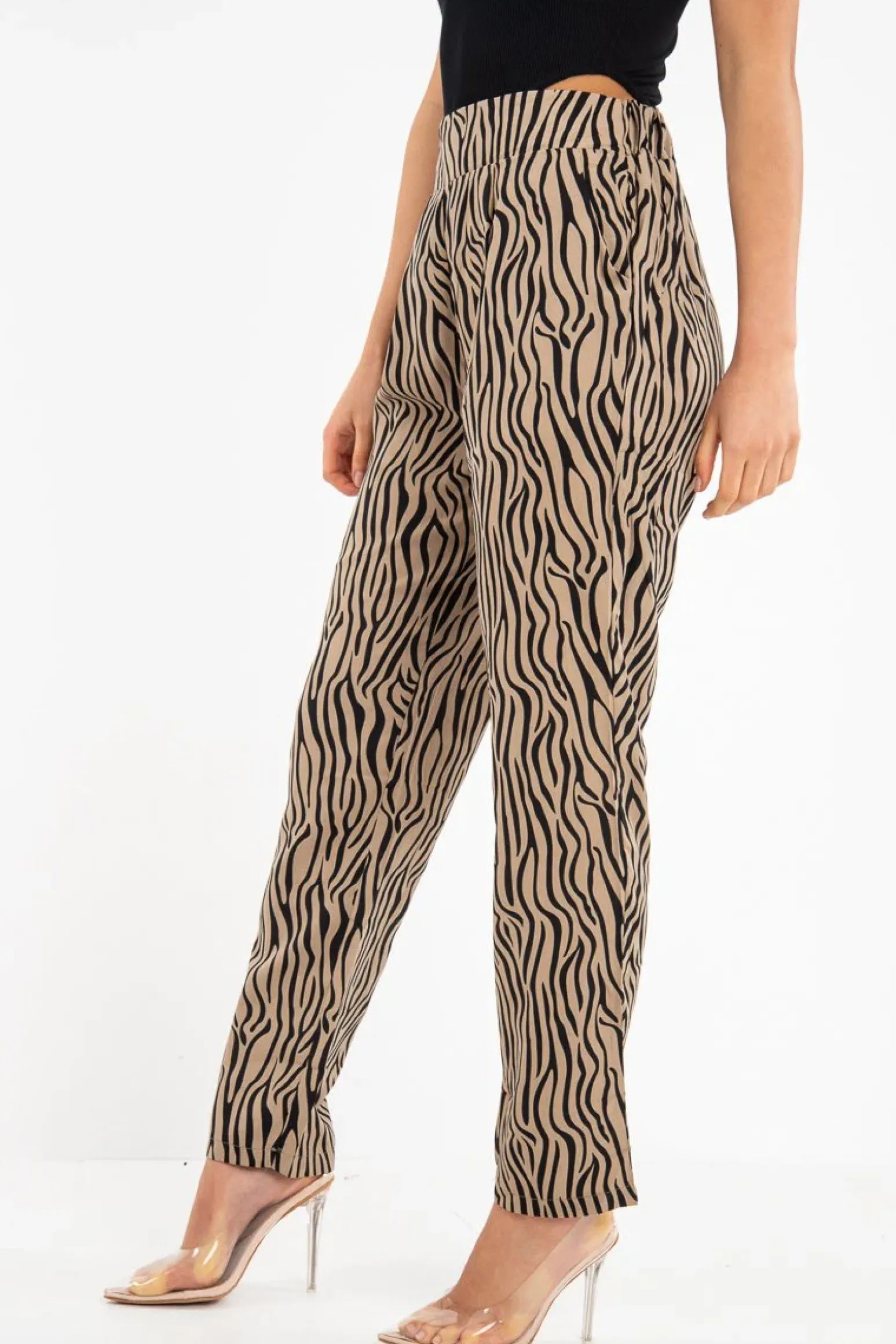 Rebellious Fashion Beige Zebra Print Wide Leg Trousers - Gisella