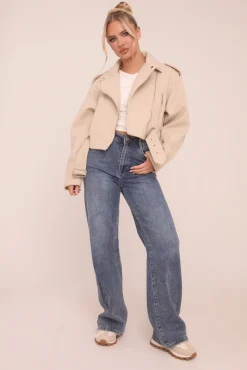 Rebellious Fashion Beige Zip Detail Brushed Biker Jacket - Alisha