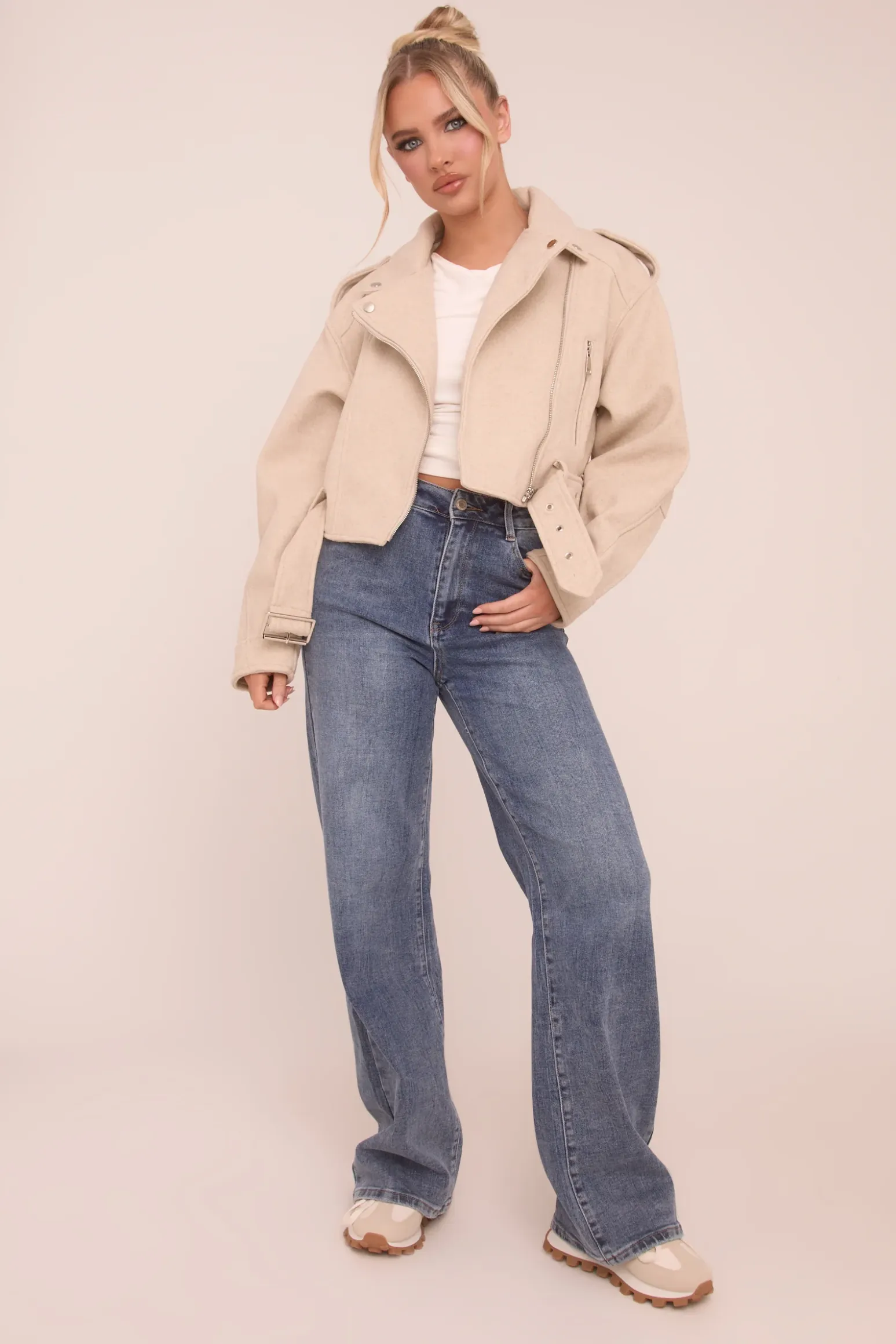 Rebellious Fashion Beige Zip Detail Brushed Biker Jacket - Alisha