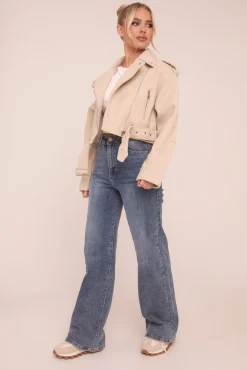 Rebellious Fashion Beige Zip Detail Brushed Biker Jacket - Alisha
