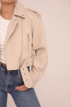 Rebellious Fashion Beige Zip Detail Brushed Biker Jacket - Alisha