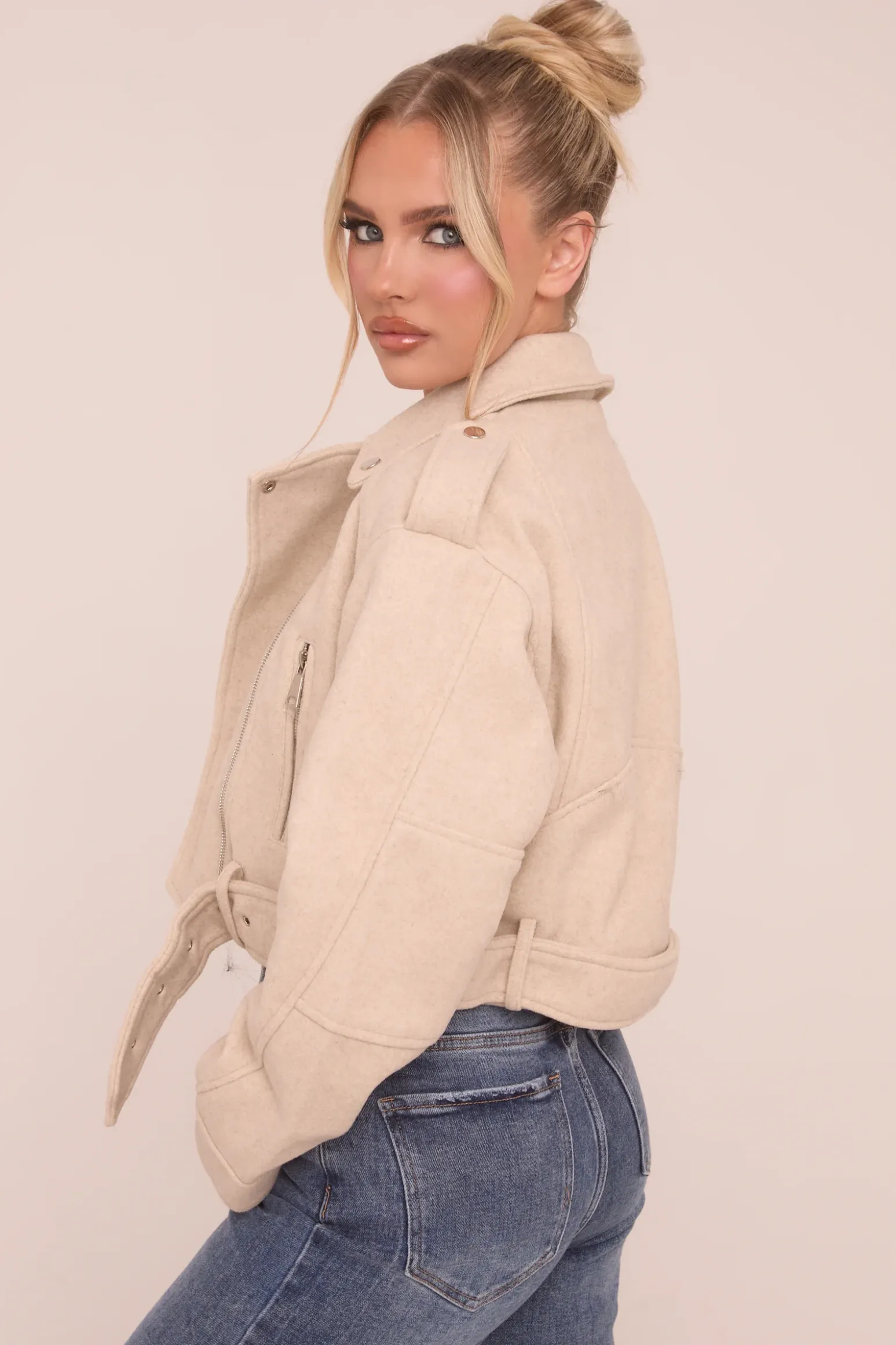 Rebellious Fashion Beige Zip Detail Brushed Biker Jacket - Alisha