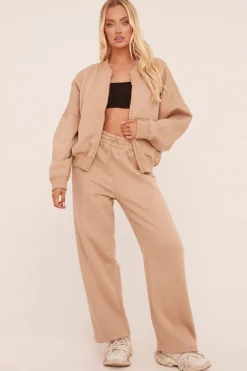 Rebellious Fashion Beige Zip Front Bomber And Joggers Co-ord Set - Sasha