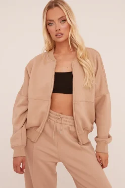 Rebellious Fashion Beige Zip Front Bomber And Joggers Co-ord Set - Sasha
