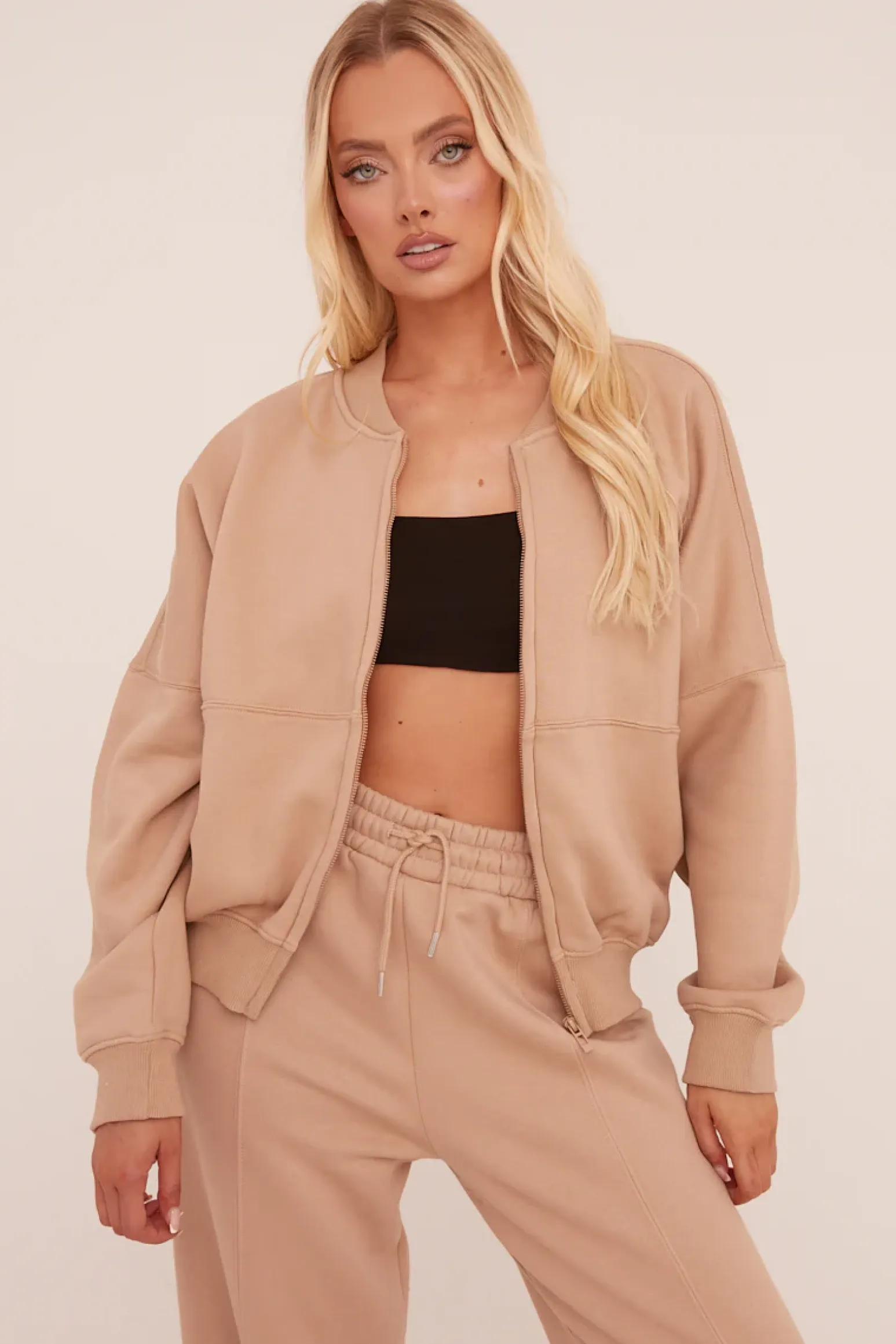Rebellious Fashion Beige Zip Front Bomber And Joggers Co-ord Set - Sasha