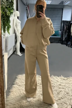 Rebellious Fashion Beige Zip Front Bomber And Joggers Co-ord Set - Sasha