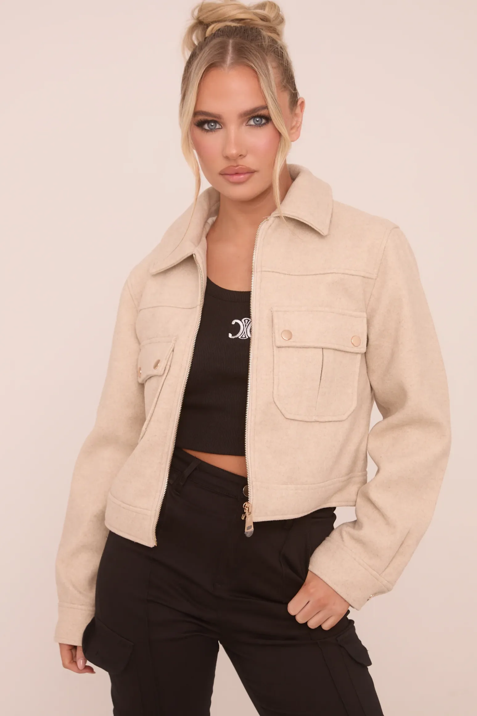 Rebellious Fashion Beige Zip Front Cropped Jacket - Carol