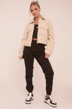 Rebellious Fashion Beige Zip Front Cropped Jacket - Carol