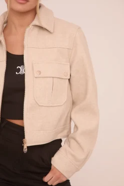 Rebellious Fashion Beige Zip Front Cropped Jacket - Carol