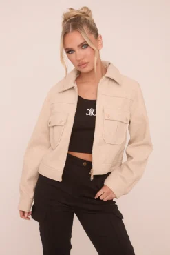 Rebellious Fashion Beige Zip Front Cropped Jacket - Carol