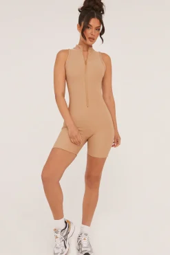 Rebellious Fashion Beige Zip Front Rib Knit Unitard - Nena