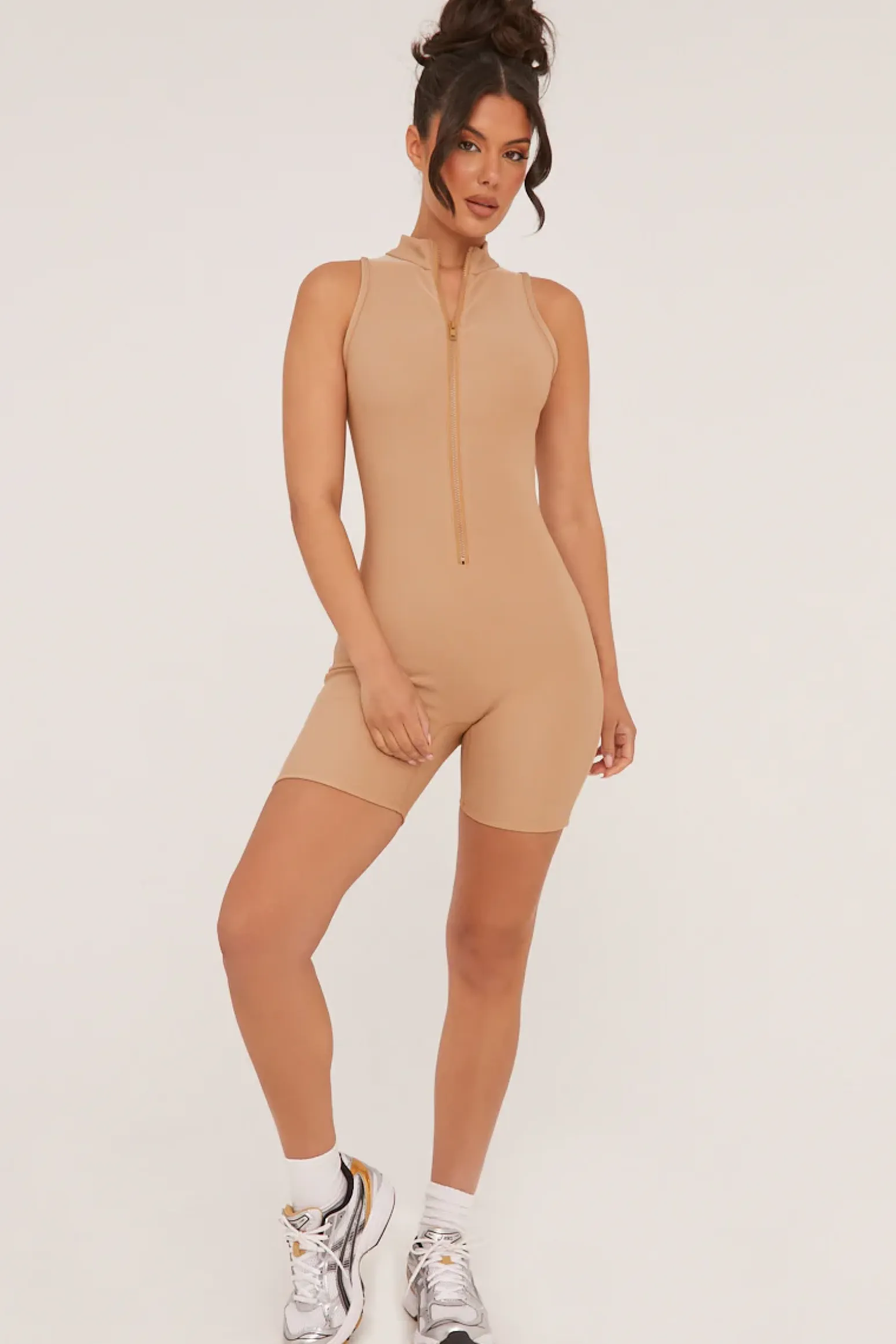 Rebellious Fashion Beige Zip Front Rib Knit Unitard - Nena