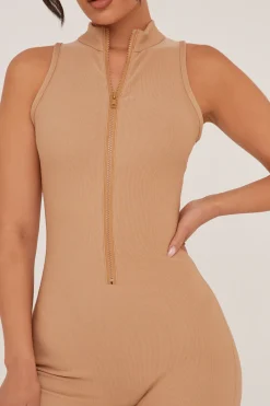 Rebellious Fashion Beige Zip Front Rib Knit Unitard - Nena