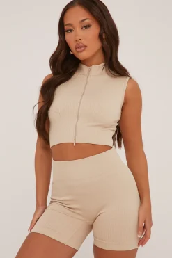 Rebellious Fashion Beige Zip Front Seamless Cropped Top & Shorts Co-ord Set - Chelsea