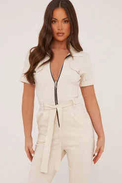 Rebellious Fashion Beige Zip Front Tie Detail Utility Jumpsuit - Aliyaah