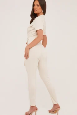 Rebellious Fashion Beige Zip Front Tie Detail Utility Jumpsuit - Aliyaah