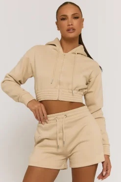 Rebellious Fashion Beige Zip Through Hoodie and Short Lounge Set - Frances