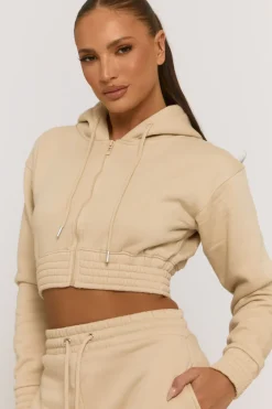 Rebellious Fashion Beige Zip Through Hoodie and Short Lounge Set - Frances