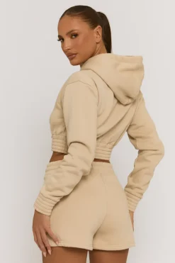 Rebellious Fashion Beige Zip Through Hoodie and Short Lounge Set - Frances