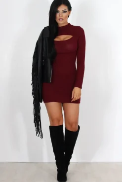 Rebellious Fashion Bess Wine Ribbed Cut Out Dress
