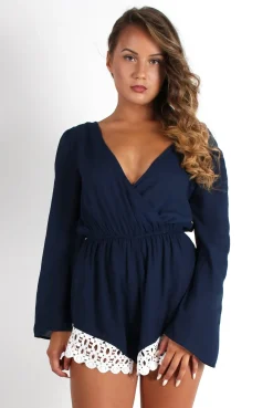 Rebellious Fashion Betsy Navy V Front Crochet Trim Playsuit