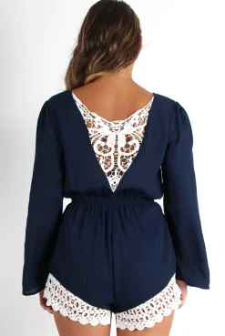 Rebellious Fashion Betsy Navy V Front Crochet Trim Playsuit