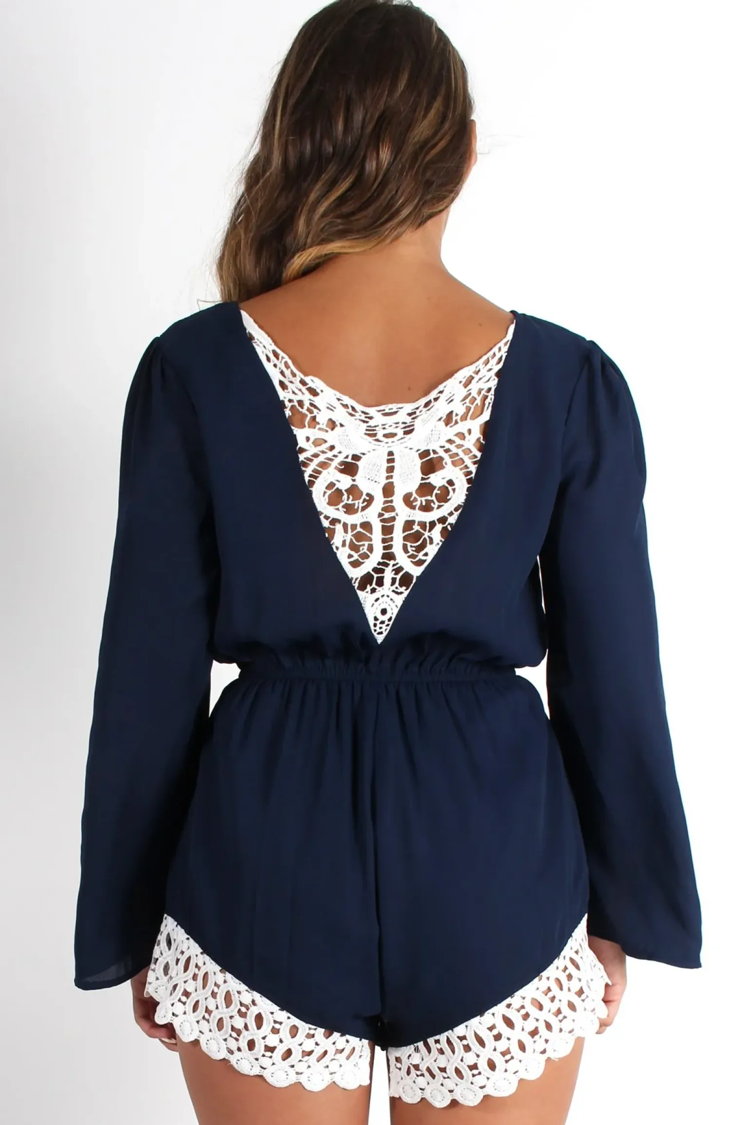 Rebellious Fashion Betsy Navy V Front Crochet Trim Playsuit
