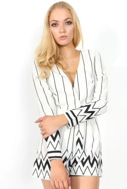 Rebellious Fashion Bevan White & Black Tie Waist Playsuit