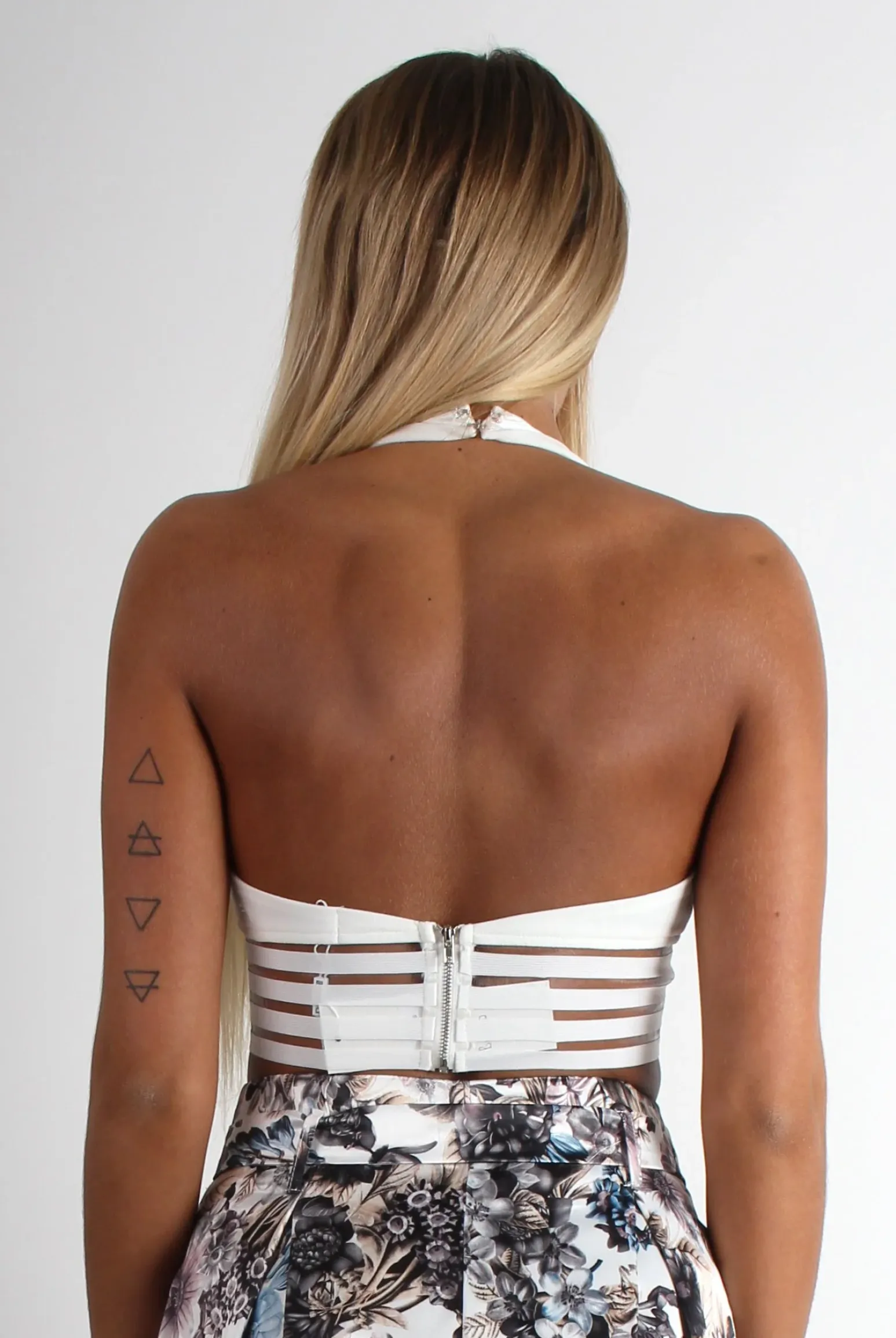 Rebellious Fashion Bisma White Mesh Striped Halter Neck Crop Top