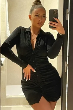 Rebellious Fashion Black Acetate Slinky Gathered Front Shirt Dress - Gia