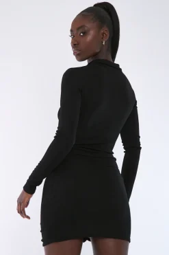 Rebellious Fashion Black Acetate Slinky Gathered Front Shirt Dress - Gia