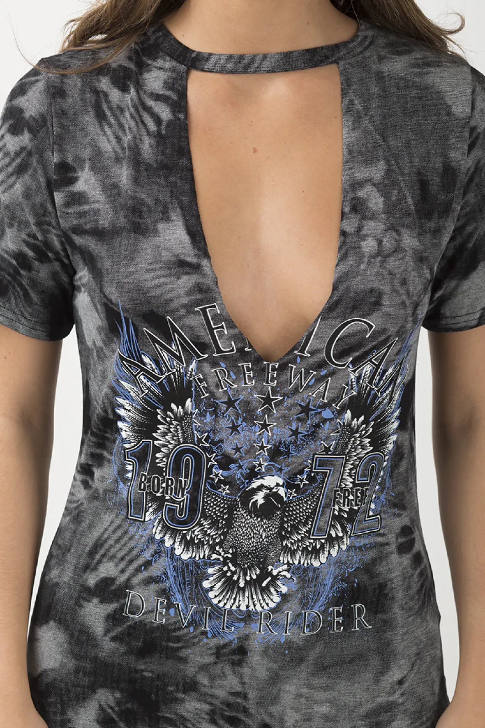 Rebellious Fashion Black Acid Wash Cut Out 'Devil Rider' Print T-Shirt Dress - Mariah