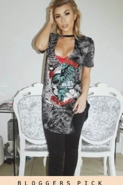 Rebellious Fashion Black Acid Wash Cut Out Graphic Print T-Shirt Dress - Savannah