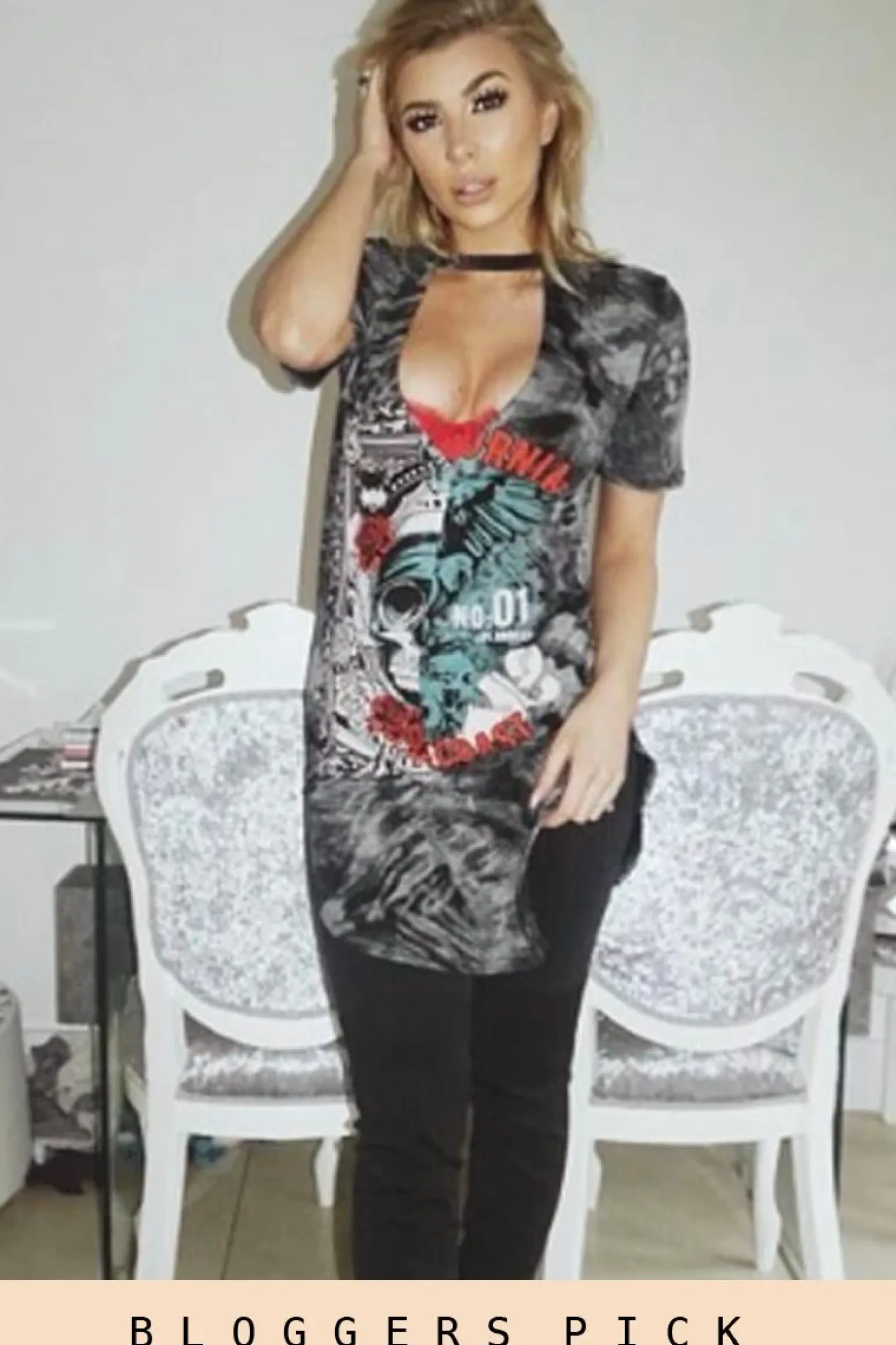 Rebellious Fashion Black Acid Wash Cut Out Graphic Print T-Shirt Dress - Savannah