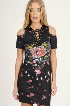 Rebellious Fashion Black Acid Wash Cut Shoulder Lace Up Slogan T-shirt Dress - Ailsa
