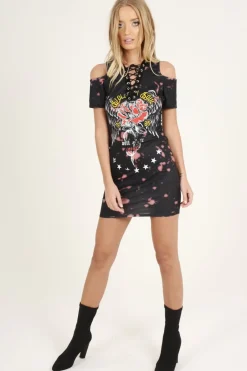 Rebellious Fashion Black Acid Wash Cut Shoulder Lace Up Slogan T-shirt Dress - Ailsa