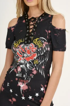Rebellious Fashion Black Acid Wash Cut Shoulder Lace Up Slogan T-shirt Dress - Ailsa