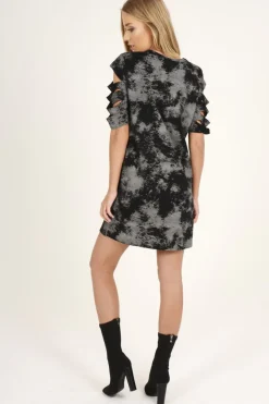 Rebellious Fashion Black Acid Wash Distressed T-Shirt Dress - Sonja