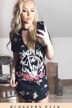 Rebellious Fashion Black Acid Wash 'Raw Power' Print Cut Out Choker T-Shirt Dress - Paige
