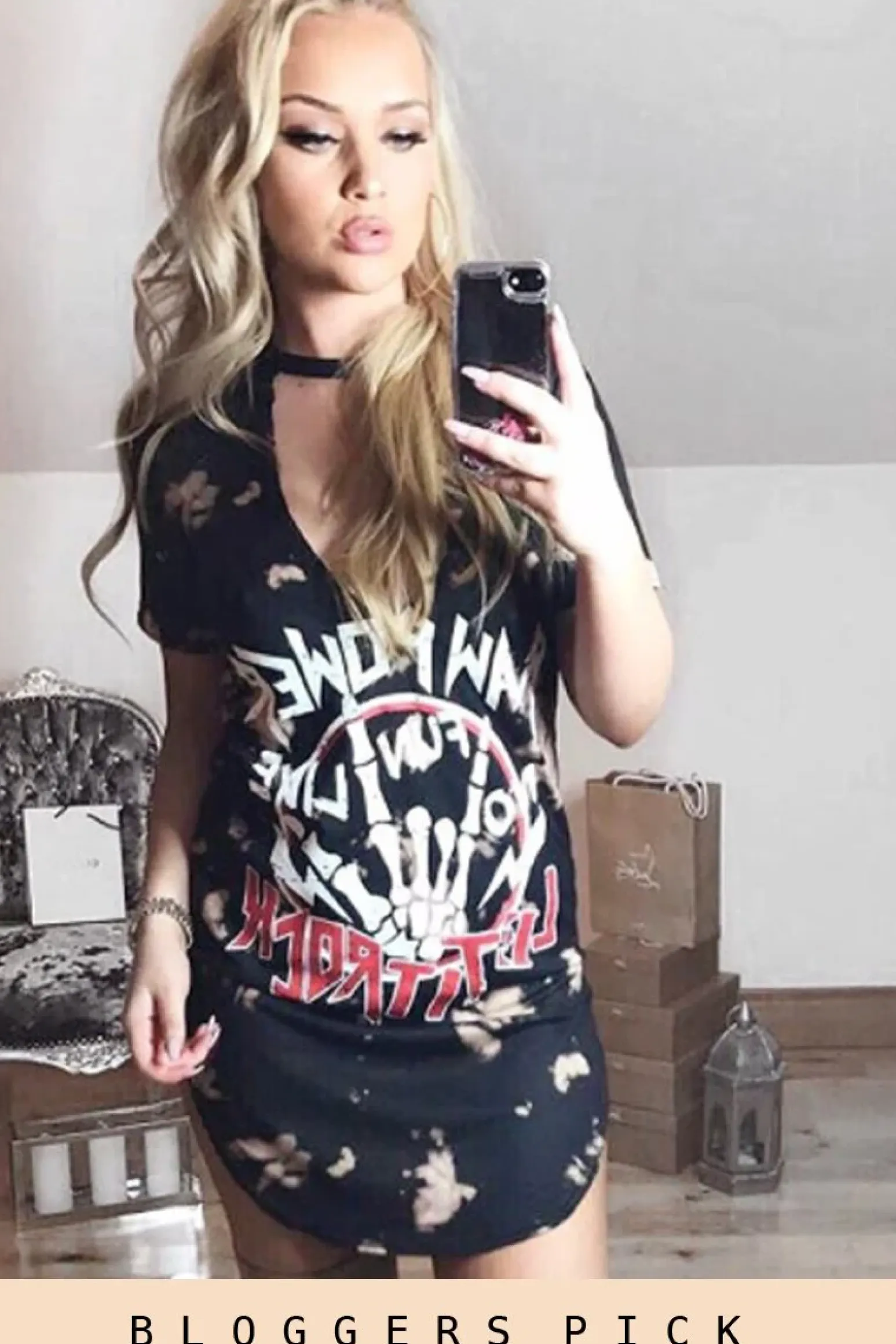 Rebellious Fashion Black Acid Wash 'Raw Power' Print Cut Out Choker T-Shirt Dress - Paige