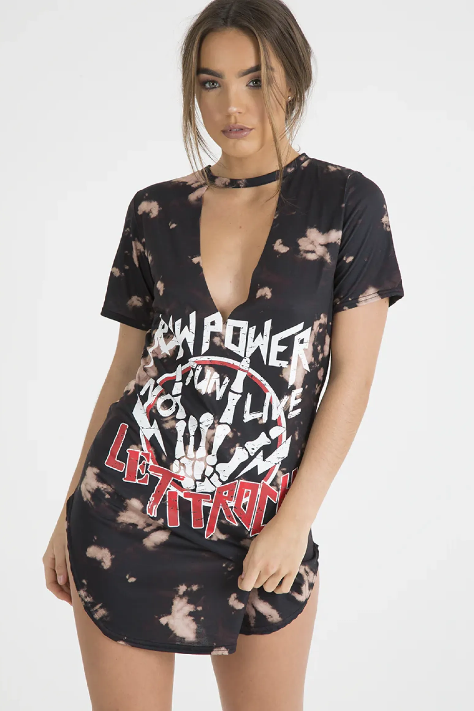Rebellious Fashion Black Acid Wash 'Raw Power' Print Cut Out Choker T-Shirt Dress - Paige