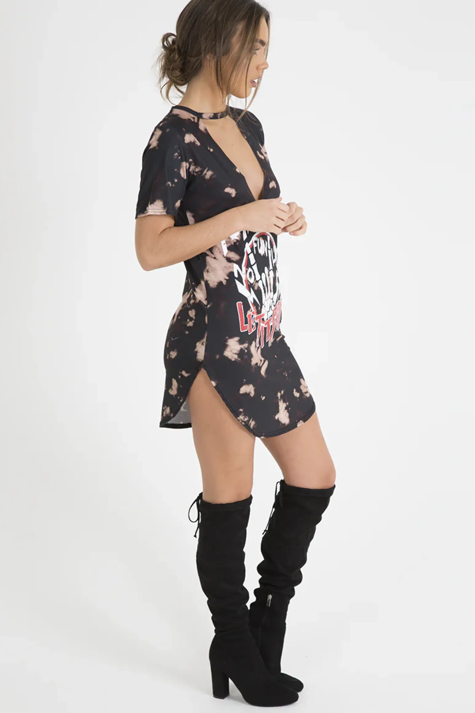 Rebellious Fashion Black Acid Wash 'Raw Power' Print Cut Out Choker T-Shirt Dress - Paige