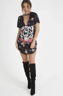 Rebellious Fashion Black Acid Wash 'Raw Power' Print Cut Out Choker T-Shirt Dress - Paige