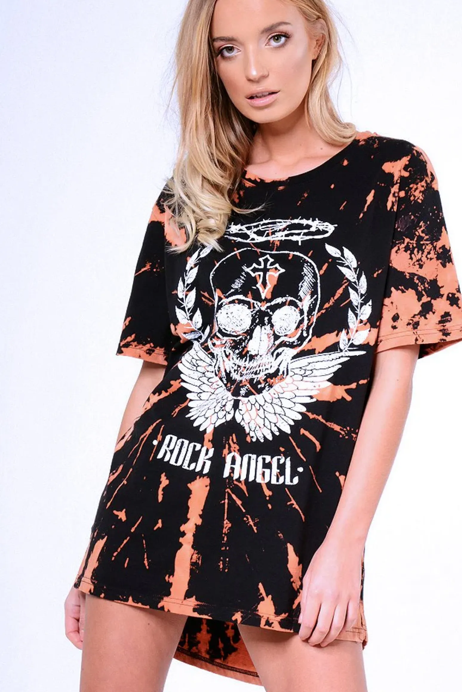 Rebellious Fashion Black Acid Wash Tie Dye 'Rock Angel' T-Shirt Dress - Thea