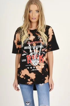 Rebellious Fashion Black Acid Wash World Tour Slogan T-shirt Dress - Adel