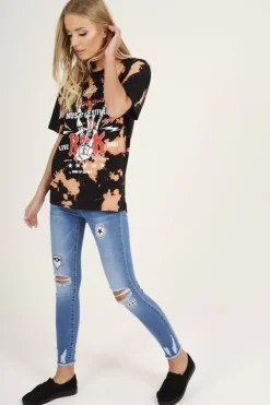 Rebellious Fashion Black Acid Wash World Tour Slogan T-shirt Dress - Adel