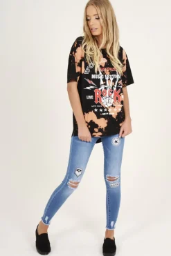 Rebellious Fashion Black Acid Wash World Tour Slogan T-shirt Dress - Adel
