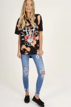 Rebellious Fashion Black Acid Wash World Tour Slogan T-shirt Dress - Adel