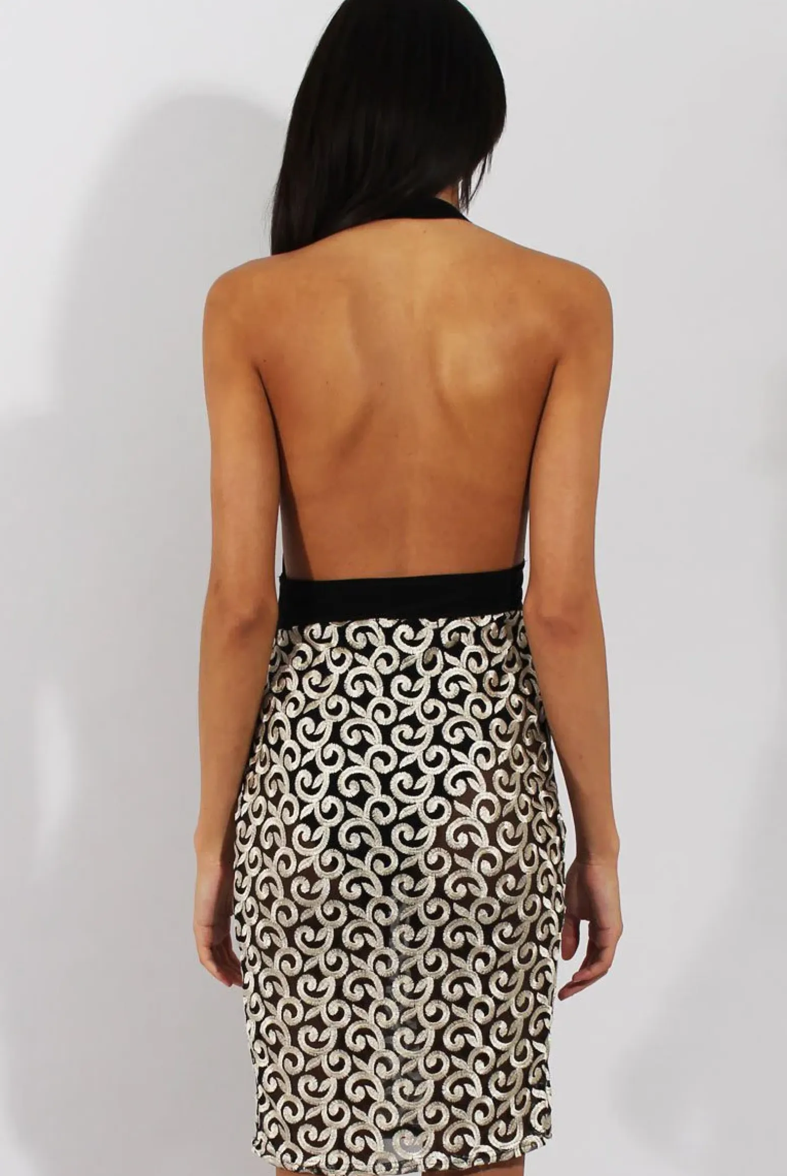 Rebellious Fashion Black & Gold Embroidered Halter Neck Dress - Oona